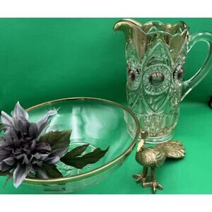 Antique Bullseye & Ruby Pitcher “Its A Dilly” Gold Rimmed Bowl Pairing | Glam